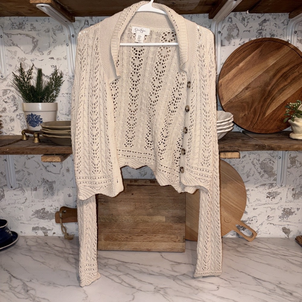 Romantic Fisherman White Loose Cableknit Cropped Cottagecore Cardigan Size M